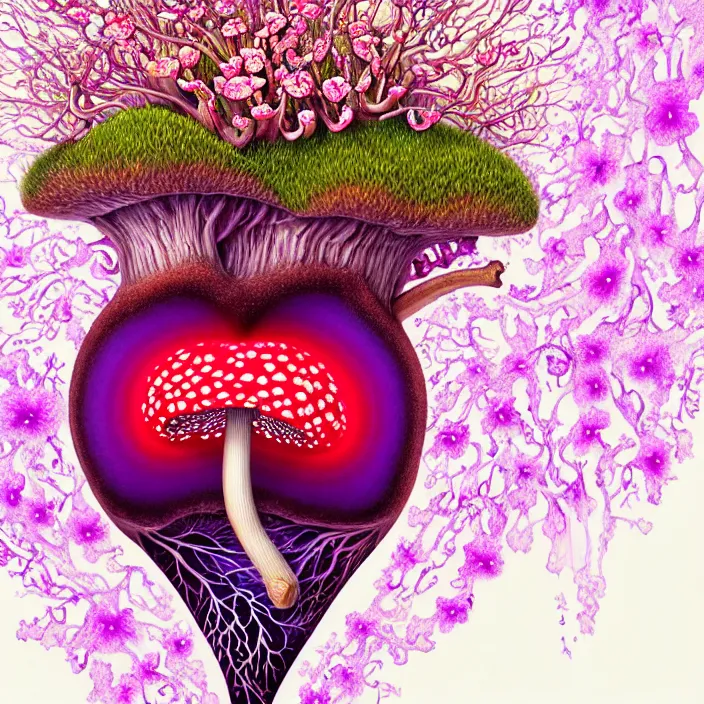 Image similar to extremely psychedelic organic human heart made of orchid and cherry blossom tree and mushroom, LSD, diffuse lighting, fantasy, intricate, elegant, highly detailed, lifelike, photorealistic, digital painting, artstation, illustration, concept art, smooth, sharp focus, art by John Collier and Albert Aublet and Krenz Cushart and Artem Demura and Alphonse Mucha