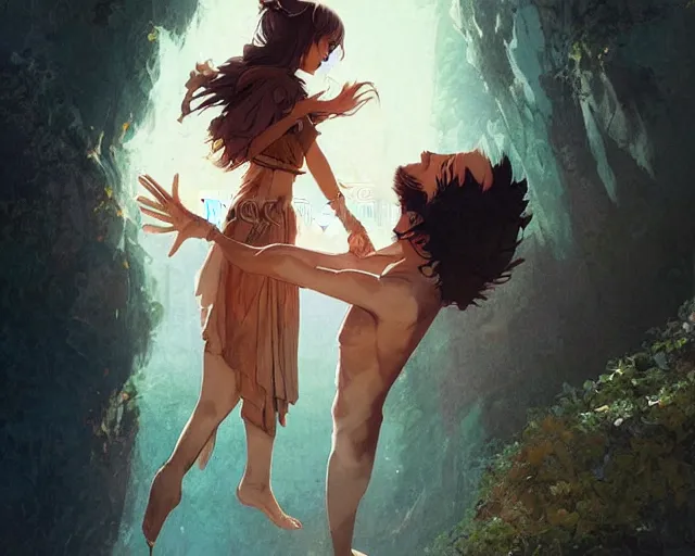 Image similar to a cinematic boy girl traditional romance moment, exploring the caves boho clothing, full body illustration, bestselling movie art poster, official media, 1970s fashion, dynamic lighting official anime media, incredible art by artgerm and greg rutkowski