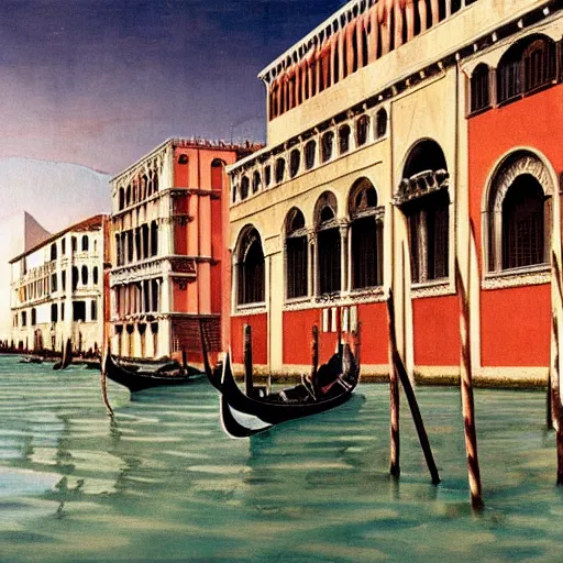 Prompt: Venice in 2075, futuristic, matte painting by Giorgio de Chirico and David A. Hardy