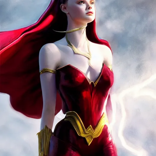 Image similar to medium shot portrait of modern darna, elle fanning as scarlett witch in golden valkyrie armor, intricate, elegant, dark vibes, highly detailed, digital painting, artstation, glamor pose, concept art, smooth, sharp focus, illustration, art by wlop, mars ravelo and greg rutkowski