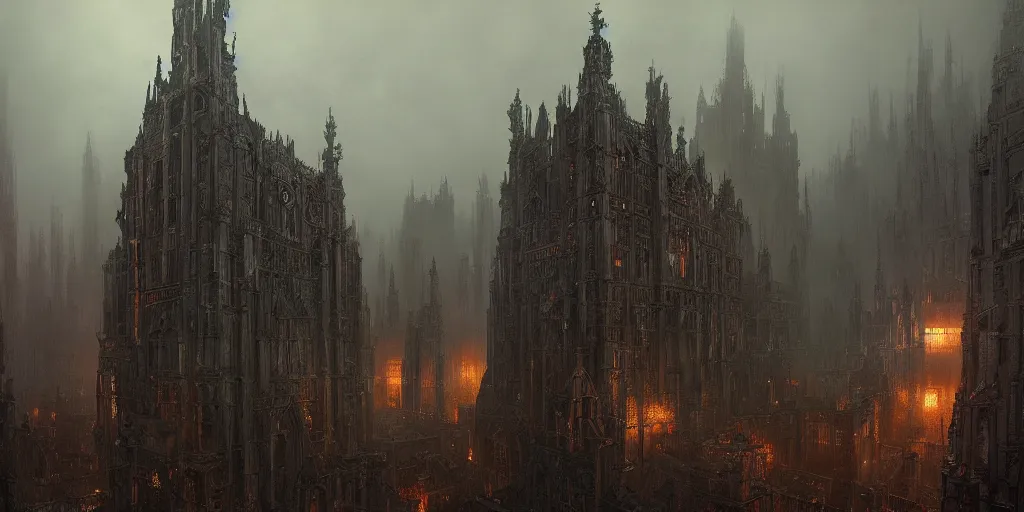 Prompt: dark, warhammer 4 0 0 0 0 hive city, gothic, massive scale, extremely intricate, baroque, fog, greg rutkowski, darek zabrocki, marcin rubinkowski, lorenzo lanfranconi, oleg zherebin, karlkka, trending on artstation