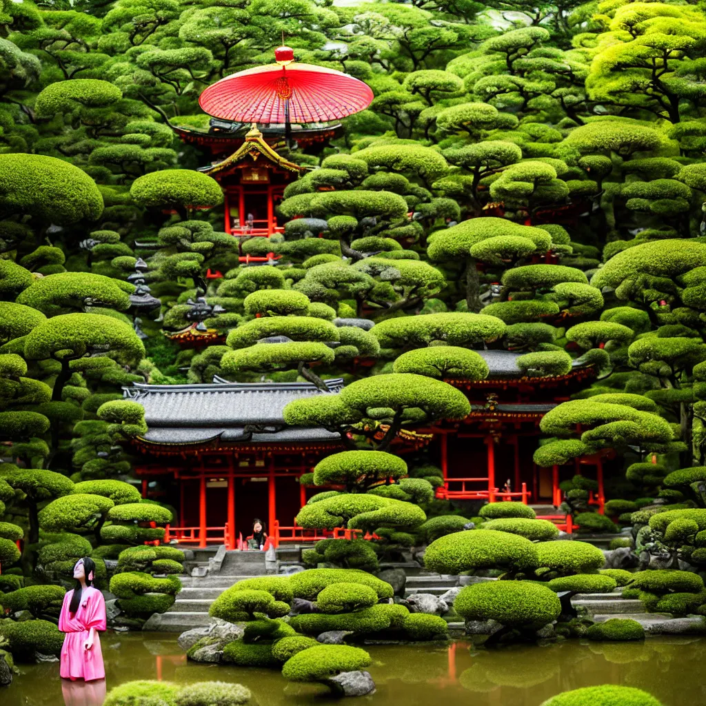 Image similar to A wide photo of a magical lush Japanese temple garden, tiny glowing temples, hazy, with mystical hidden temple doors, dreamy feeling, glowing colorful lanterns, 1 girl wearing a Gucci dress and umbrella exploring, mystical feeling, designed by Gucci, Wes Anderson, and Petra Collins, 8k