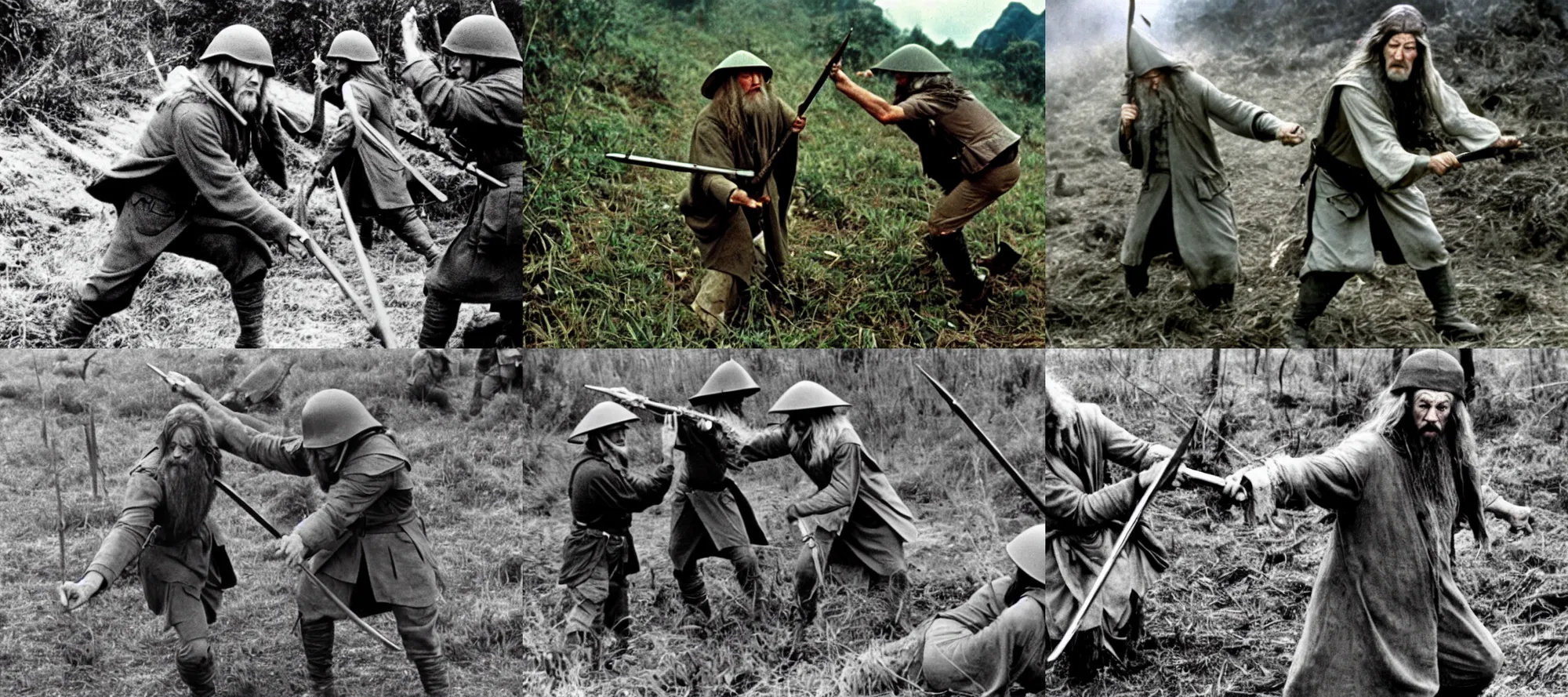 Prompt: gandalf fighting in vietnam war, trenches