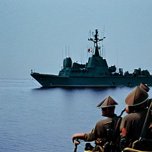 Image similar to film still, far view, landscape, emma watson soldier portrait close up in foreground, vietnam patrol boat, kodak ektachrome, blue tint expired film,