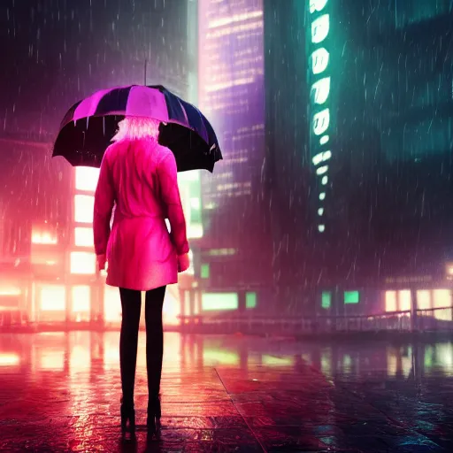 Image similar to ciberpunk city of the future, blade runner style, octane render, digital art, rain, beautiful girl with umbrella wearing a clear raincoat , pink hair, cinematic, 8k, very intricate, 80's, night time,