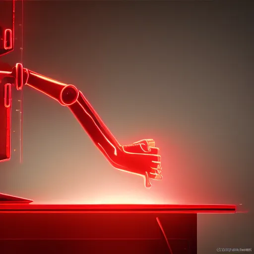 Image similar to cyberpunk red neon arm prostetic on an iron table, octane render, 3D, hard backlight, bokeh, !!!award-winning!!!