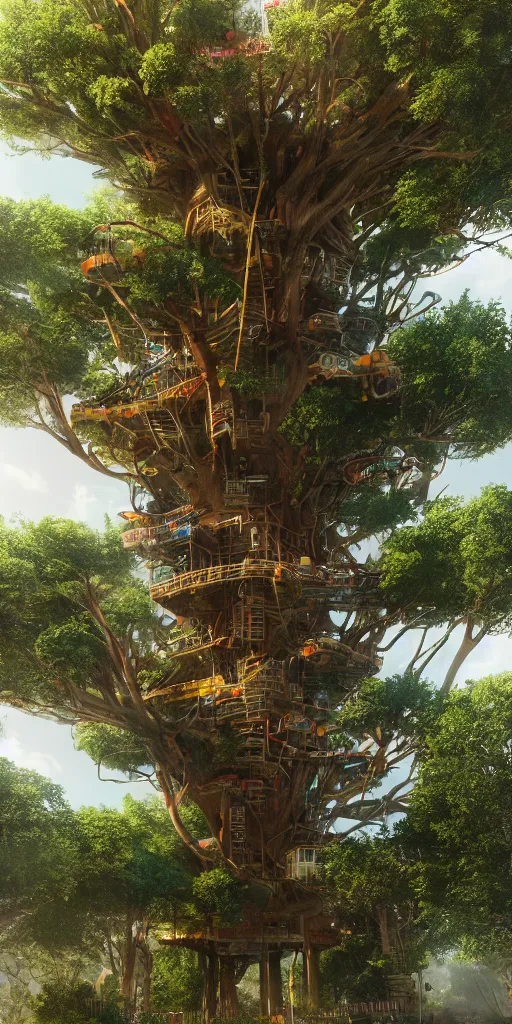 Image similar to ultra realistic and intricate detailed photograph of giant holy tech treehouse, innovation, bright modern style, artstation, unreal render, depth of field, ambient lighting, award winning, stunning