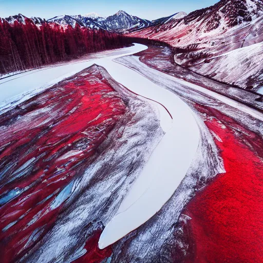 Image similar to an award - winning aereal photo of a red river, with a snowy white mountain and ice, drammatic lighting, drone, ƒ / 8, behance