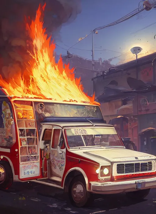 Image similar to highly detailed image of an ice cream truck on fire, in gta v, stephen bliss, unreal engine, fantasy art by greg rutkowski, loish, rhads, ferdinand knab, makoto shinkai and lois van baarle, ilya kuvshinov, rossdraws, tom bagshaw, global illumination, radiant light, detailed and intricate environment