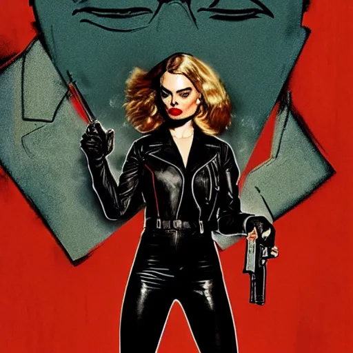 Prompt: Rafael Albuquerque art, Norman Rockwell, pretty female Margot Robbie, vampire, sharp teeth, evil smile, leather jacket, jeans, long blonde hair, full body, holding HK pistol in hand, hands with five fingers, realistic hands