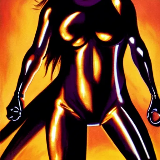 Image similar to tia carrere in cyber metal suit, atmospheric lighting, painted, intricate, golden hour, ultra detailed by alex ross