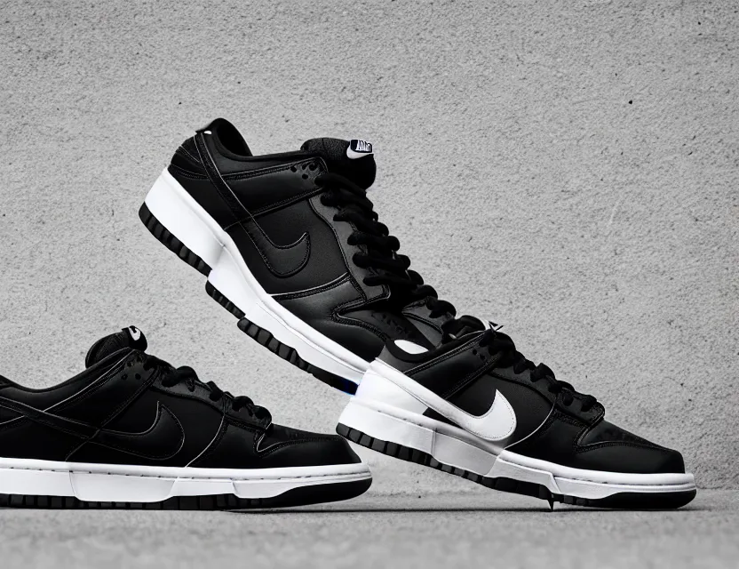 Image similar to a press photograph of nike dunk low black and white, size 1 0, white background