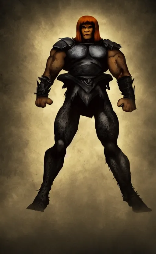 Prompt: Full body centered uncut character pose of mysterious-eerie-ominous He-Man, dark grey shadowy smokey background, atmospheric, cinematic, Epic, ultra-detailed, sharp focus, colored illustration