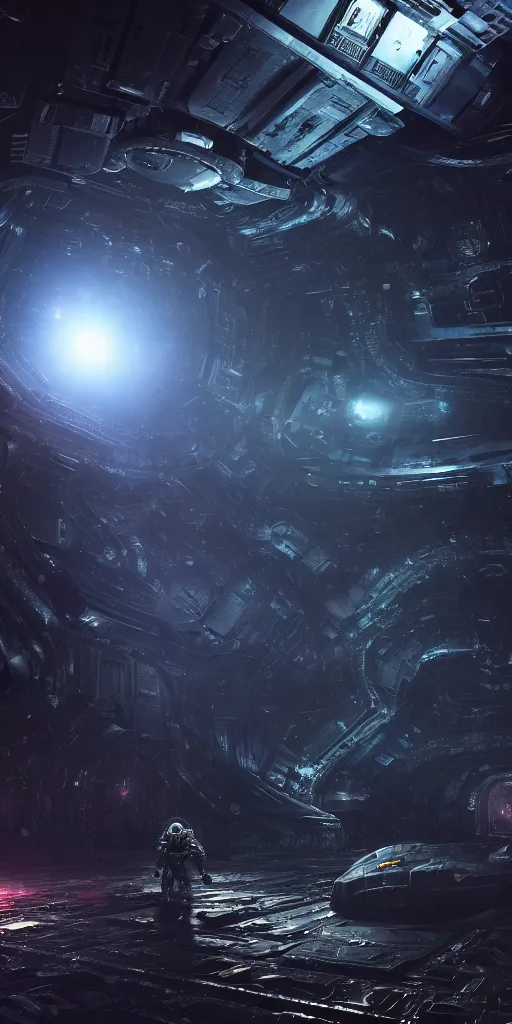 Prompt: full shot of Space Marine, bokeh, darkness interior of the spaceship background, inspired by Ridley Scott, Warhammer, octane render, HD, volumetric lighting, mist, twilight, detailed