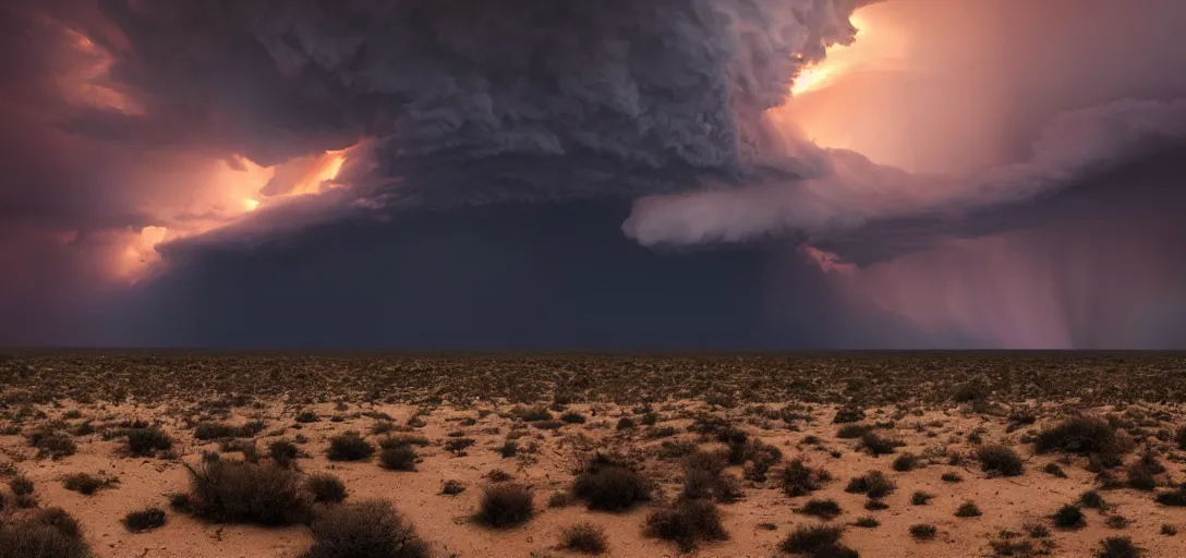 Image similar to a beautiful picture of a dark distant thundercloud lit from below in a desert, intricate detail, impending doom, sunset, serene, volumetric lighting, volumetric clouds, 8 k, hyperrealistic, digital art trending on artstation