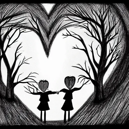 Image similar to teaching, primary school on a hill, hearts, friendship, love, sadness, dark ambiance, concept by godfrey blow, featured on deviantart, drawing, sots art, lyco art, artwork, photoillustration, poster art