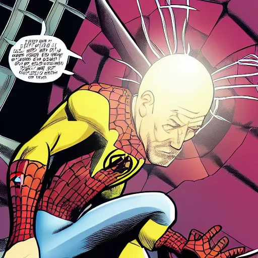 Prompt: Walter white fights spiderman in vertigo comic