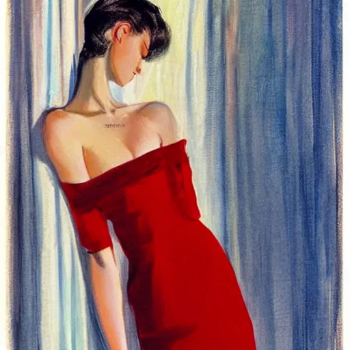 Prompt: a french fashion model posing in a red dress by coby whitmore