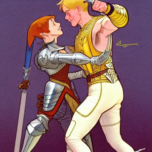 Image similar to arthur pendragon training with his favorite knight, natural lighting, path traced, highly detailed, high quality, cartoon, digital painting, by don bluth and ross tran and j. c. leyendecker and alphonse mucha