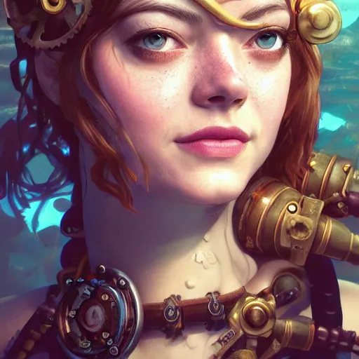 Prompt: underwater steampunk portrait of emma stone, hyper detailed, digital art, trending in artstation, cinematic lighting, studio quality, smooth render, unreal engine 5 rendered, octane rendered, art style by klimt and nixeu and ian sprigger and wlop and krenz cushart.