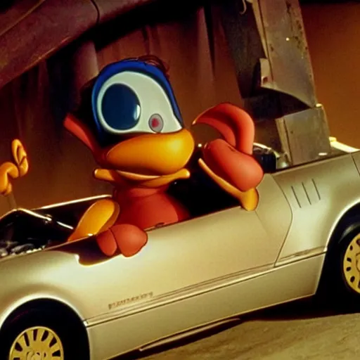 Image similar to who framed roger rabbit, cinematic still, roger rabbit in a flying delorean, high quality, futuristic