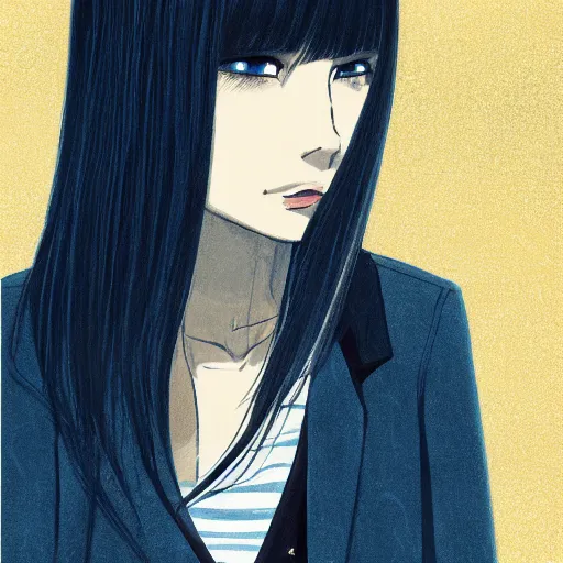 Image similar to profile shot of rimuru tempest, sky blue straight hair, long bangs, gold eyes, wearing a black jacket with white stripes, high collar, ultra detailed, wild brush strokes, digital painting, cinematic, wlop, galactic background, pixiv, color block, eerie, scary, yoshitaka amano, ilya kuvshinov, andy warhol