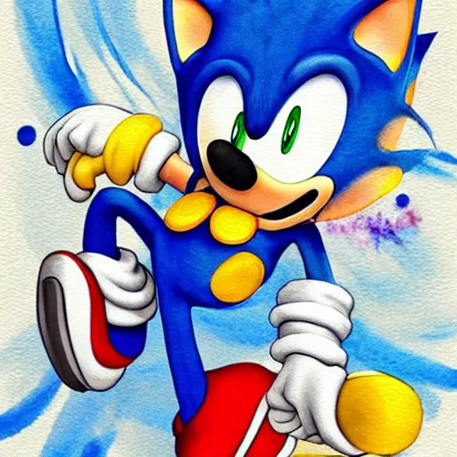 Image similar to Sonic in the style of Mario, with a mustache, beautiful watercolor art drawing, in the style of artist Simon Stalenhag s-90 - C 7