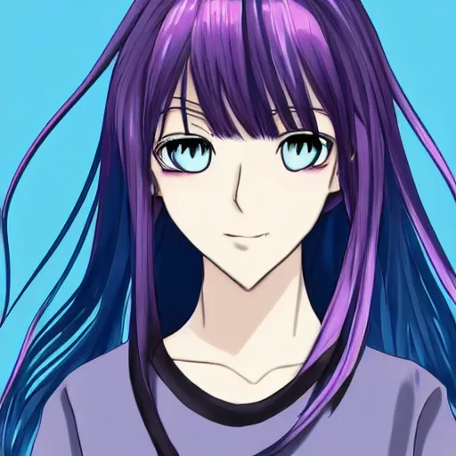 Prompt: anime drawing of a young woman of middling height with a light complexion, hair reaches near her mid-back and forms rounded locks mainly blue in coloration, but with thin, pink-colored streaks running through, one white streak of hair over her left eye, blunt bangs fall on her forehead, split near the left, and an ahoge stands up on her head, has horns: a sharp, upward-curving pair emerging from the sides of her head, white in color, that resembles a bull\'s, eyes are large, round, fringed by long lashes, and encompass violet irises, lower face up to the nose is covered by a pink face mask with a scalloped edge, trimmed with a white stripe, wearing a long-sleeved minidress that is white and pleated above the waist, with a blue bow below a point collar, the dress\'s lower, light-blue, and non-pleated section, with a button placket in the middle, ends in a short skirt part that has a slightly ruffled hem, leaving most of her legs visible. Fastened on her shoulders is a darker-blue cape trimmed with light-blue fur on its edges with blue insides, which goes near the ground, and her footwear is red high heels, view from below