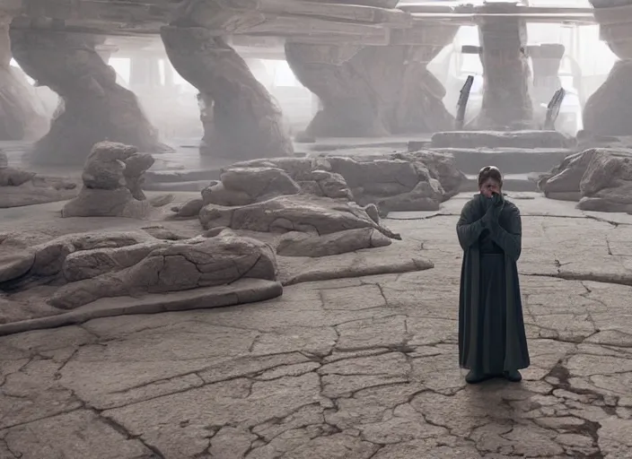 Image similar to portrait of Princess Leia alone at Jedi Temple scene from the last jedi, 2022, film by Stanley Kubrick, 4k serene, iconic , photoreal Carrie fischer, detailed stunning cinematography, hyper detailed, sharp, anamorphic lenses, kodak color film