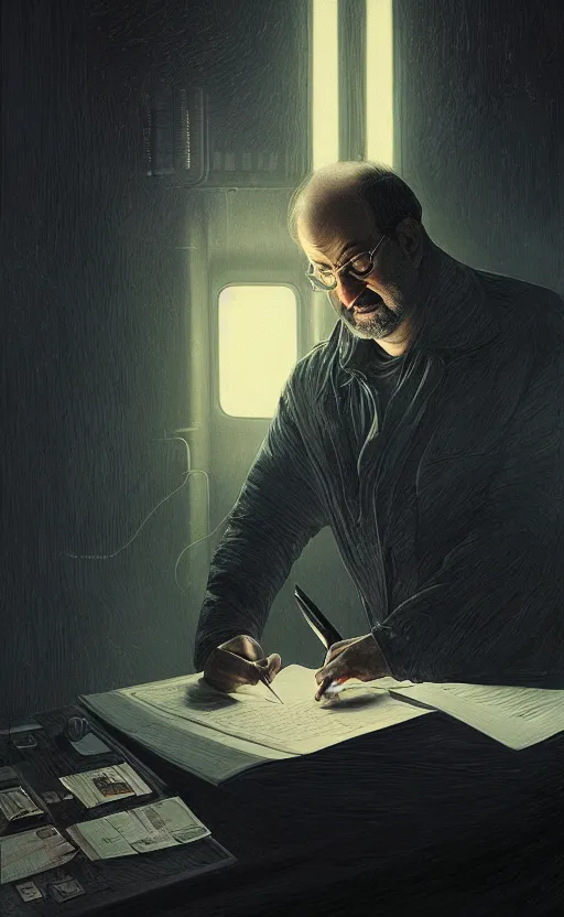 Image similar to portrait of salman rushdie writing in the dark, deep focus, blade runner 2 0 4 9, fantasy, intricate, elegant, highly detailed, digital painting, artstation, concept art, matte, sharp focus, illustration, art by artgerm and greg rutkowski and alphonse mucha