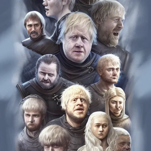 Prompt: the cast of game of thrones as boris johnson, anatomy, bathed in light, highly detailed, photorealistic, artstation, smooth, sharp focus, illustration, unreal engine 5, 8 k, art by artgerm and greg rutkowski and edgar maxence