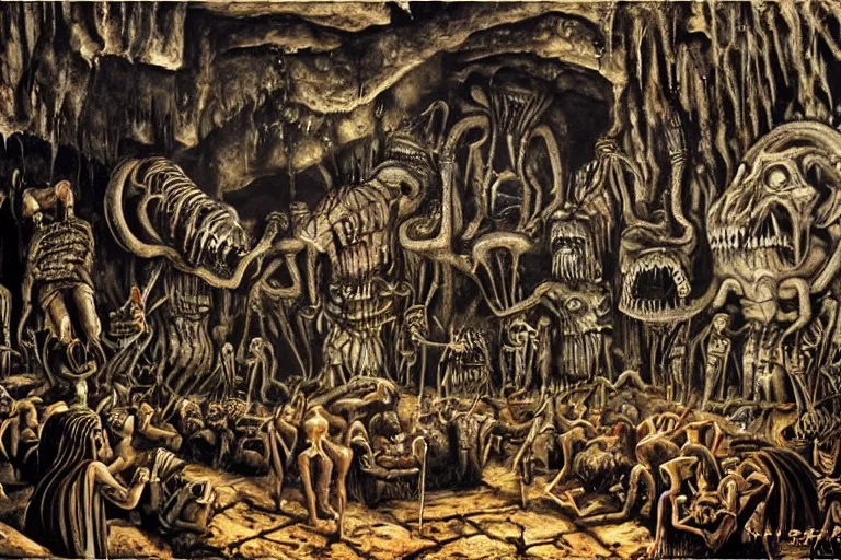 Prompt: stone age rave in a cave, necronom v, painting by h. r. giger