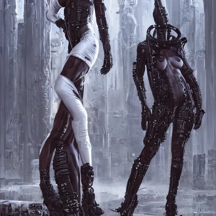 Prompt: african domme mistress, full body, tribal cyberpunk, rubber and latex, postapocalyptic, smooth white surroundings, smooth, high tech, concept art, realistic painting, digital art by greg rutkowski, by alex grey