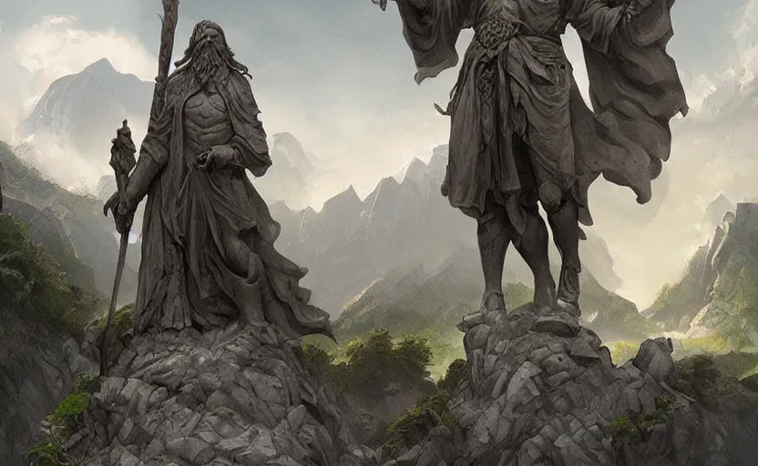 Image similar to A large statue of a wizard guarding a river valley, landscape art, concept art, intense, fantasy, inspiring