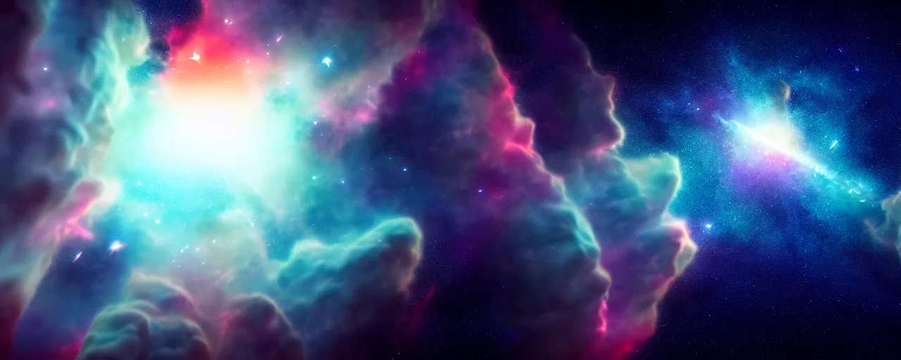 Prompt: minimalist cinematic scifi render of atmospheric space, nebula, hubble, homeworld skies, volumetric lighting, 4 k, 8 k, hd