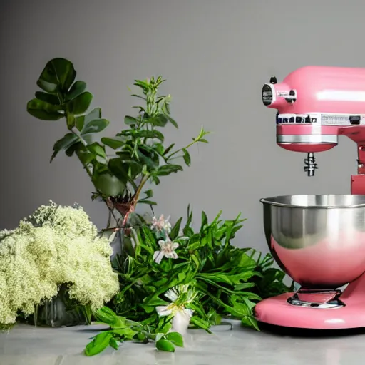 a kitchenaid mixer, mixing branches, flowers, and Stable Diffusion