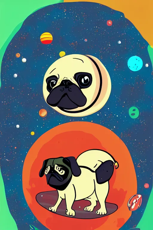 Image similar to planet pug floating in space, art by viktor miller gausa, sticker, colorful, illustration, highly detailed, simple, smooth and clean vector curves, no jagged lines, vector art, smooth