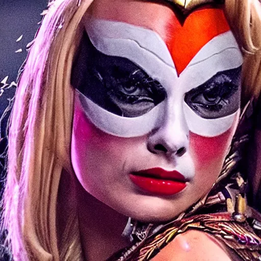 Prompt: photo of margot robbie as a harlequin warrior