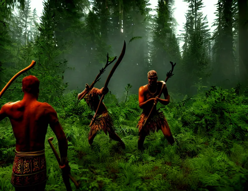 Image similar to a the forest game screenshot with one tribal enemy in the middle of the screenshot the player is holding a axe ultra realistic