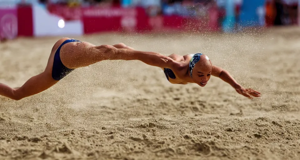 Image similar to olympic swimming in sand instead of water, extremely coherent, motion blur