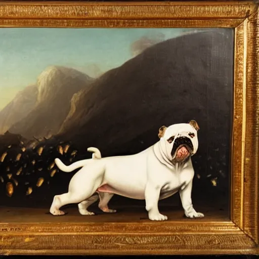 Prompt: painting of a bulldog standing on a football field with mountains of fish beside him and behind him, extreme quality, high details, oil