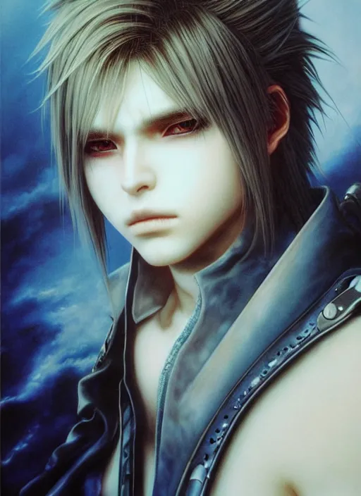 Prompt: beautiful matte airbrush portrait of a final fantasy inspired face with sad eyes crying on a white background, 8 0's airbrush aesthetic, art by pater sato, ayami kojima and yoshitaka amano