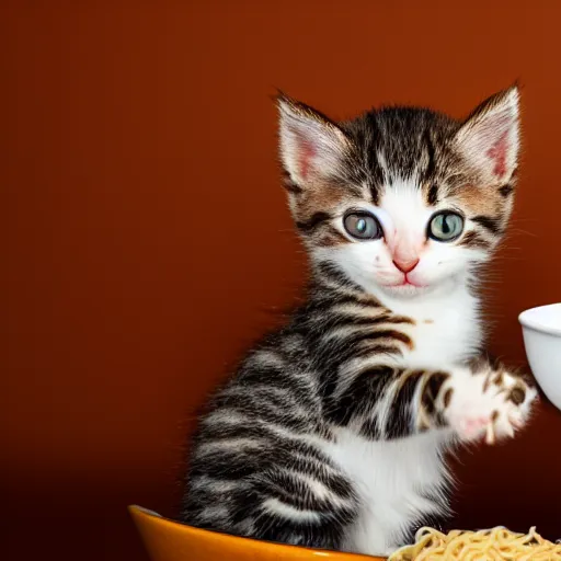 Prompt: a cute kitten eating ramen noodles from a bowl, award winning photography, studio lighting, 8k, 4k, ultrarealistic details