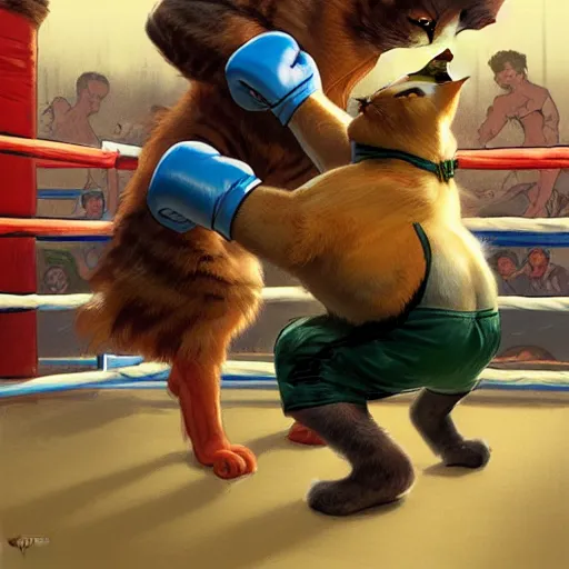 Image similar to cat and duck battle in a boxing ring, highly detailed, digital painting, artstation, concept art, sharp focus, illustration, art by greg rutkowski and alphonse mucha