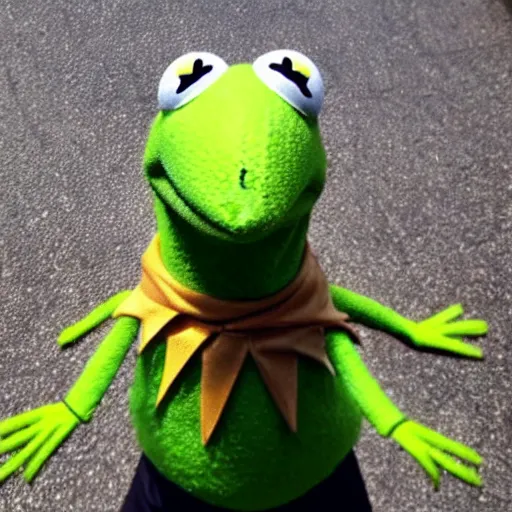 Image similar to kermit the frog accidentally takes a selfie while dropping his phone