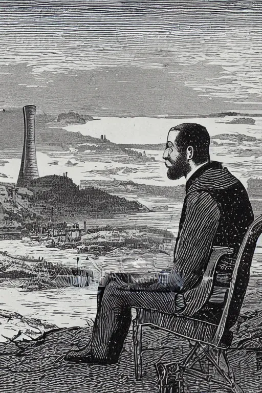 Image similar to 19th century wood-engraving of a man looking at a nuclear powerplant in the background, whole page illustration from Jules Verne book, art by Édouard Riou Jules Férat and Henri de Montaut, high quality, beautiful, removed watermarks