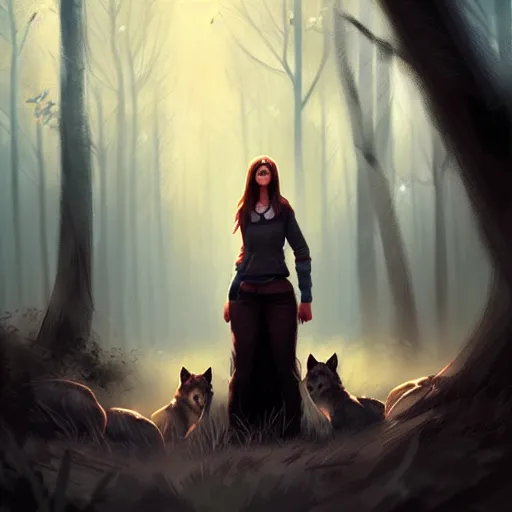 Image similar to a pretty girl surrounded by wolves, in the woods, digital painting, photorealistic, in the style of greg rutkowski, full body, detailed face, cinematic