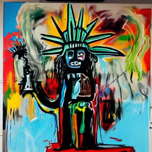 Prompt: street art of a statue of liberty, tumultuous clouds of smoke by basquiat and ralph steadman, trending on artstation