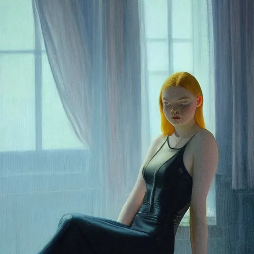 Image similar to a vampire Elle Fanning draining her victim in the world of Edward Hopper, stormy weather, extremely detailed masterpiece, oil on canvas, low-key neon lighting, artstation, Blade Runner 2049, Roger Deakin’s cinematography, by J. C. Leyendecker and Peter Paul Rubens,