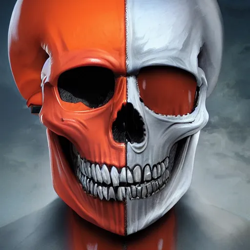 Image similar to a portrait of a skull with vampire teeth, in an orange racing helmet by sandra chevrier, detailed render, epic composition, cybernetics, 4 k realistic, cryengine, realistic shaded lighting, sharp focus, masterpiece, by matteo scalera, gary montalbano, peter elson in the style of the tokyo ghost comic